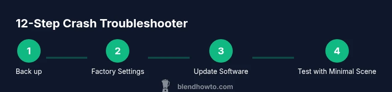 Infographic showing a 12-step crash troubleshooting process for Blender
